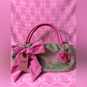 Juicy Couture Pink & Mint Quilted Satchel with Bow and Heart Charm